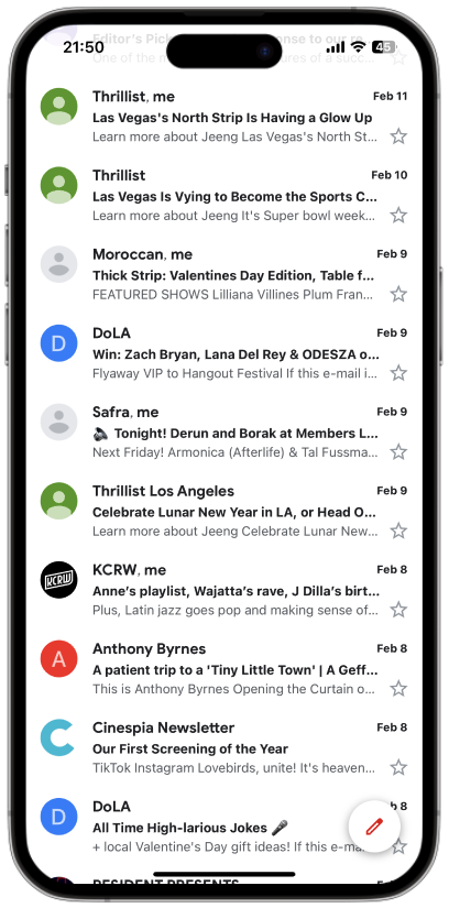 A mobile view showing many unread newsletters.